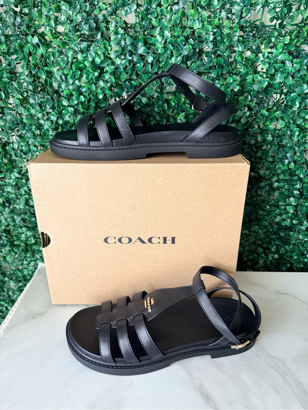 Coach Franny Black Leather Multi-Strap Gladiator Sandals NIB Size 11